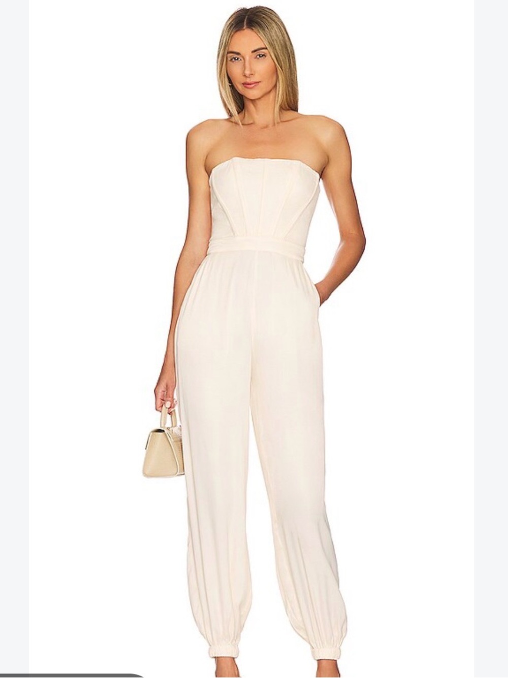 NBD by Revolve $238 Larkin Strapless Ivory Jumpsuit with Fitted Bodice